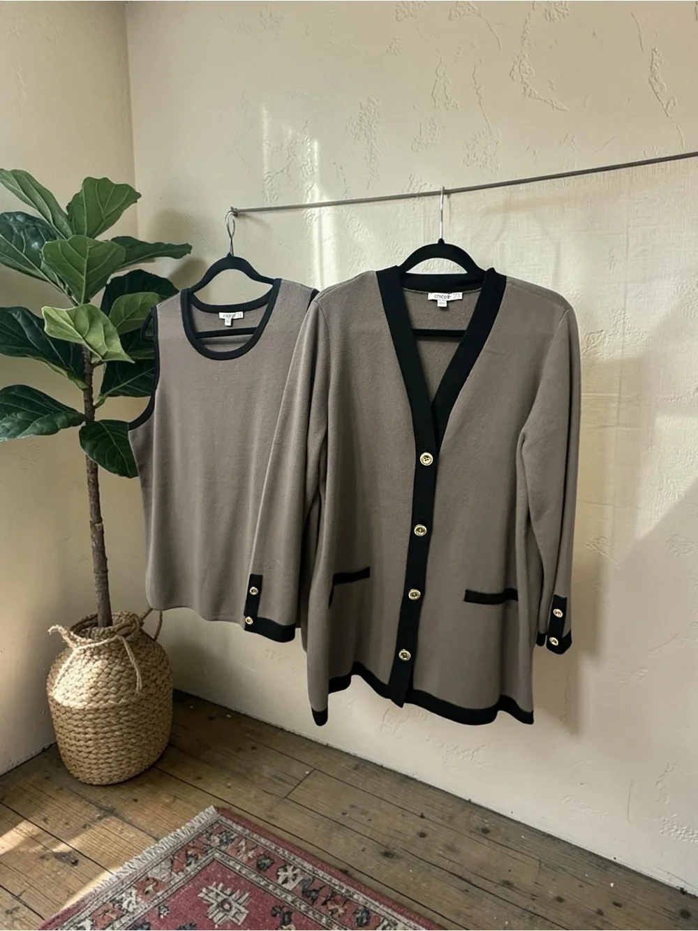 Chico’s Tank & Cardigan Set. Viscose Knit Blend. Stretchy. Dark Taupe. L-XL
